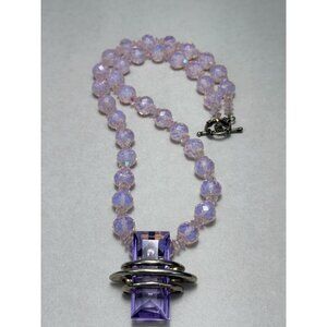 Vintage Lavender Crystal Beaded Necklace Sterling Silver Pendant Toggle